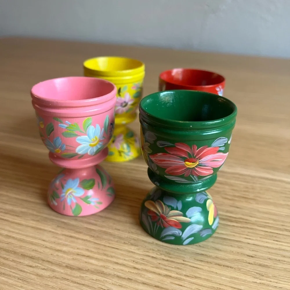 Set of 4 Hand-Painted Wooden Hungarian Farmhouse Egg Cups – Floral Vintage Decor